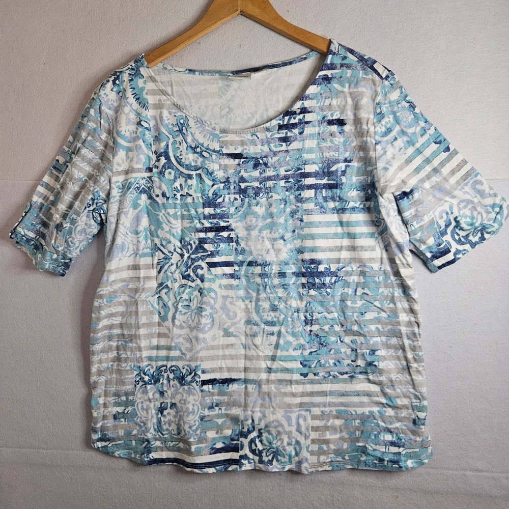 Chicos Blue White Abstract Tile Stripe Shimmer Rhinestone Tab Sleeve Top Size 2
